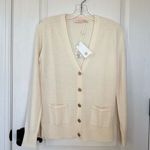 NWT, Tory Burch, Madeline Merino Wool Cardigan, Ivory, Size XS